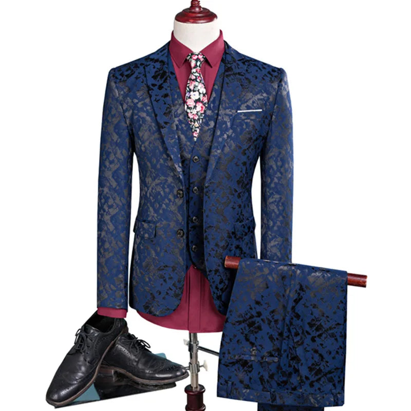 Men Suit  Business Leisure Single Breasted Suits 3 Pieces Sets Male Printing Groom Wedding Dress Jacket Blazers Coat Vest Pants voguable