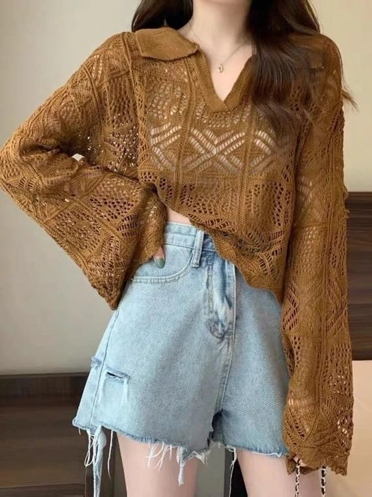Voguable Sexy Hollow Out Women Knitted Crop Tops Fashion Korean Flare Sleeve Pullover Sweater Fall Casual Female Tops New voguable