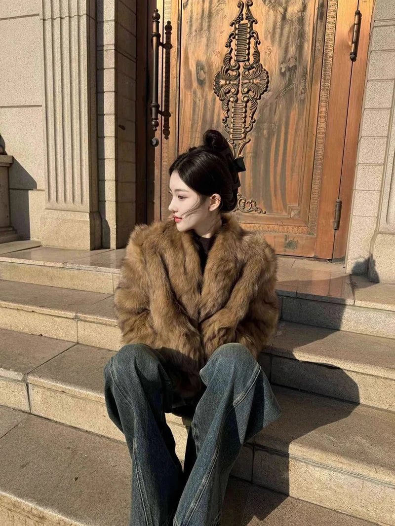 Elegant Vintage Faux Fur Coat Women Slim Long Sleeve Winter Faux Fox Jacket Korean Casual Open Stitch Retro Soft Warm Outwear voguable