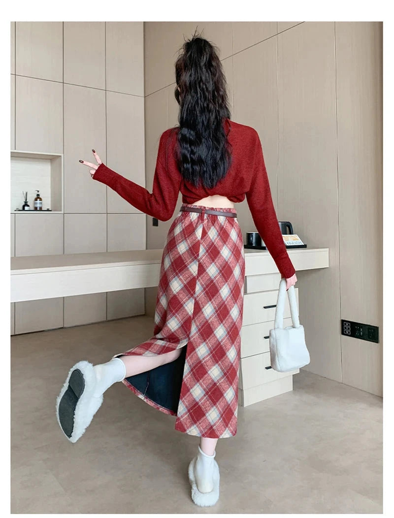 Faux Woolen Plaid Long Skirt Women Vintage Slim High Waist Back Slit Belt Skirts Korean Fall Winter Elegant Long Skirts New voguable