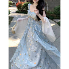 Voguable  Elegant Girl's Long Dress Butterfly Gold Stamping Sparkle Strap Party Dress Women Sweet Beach Vacation Fairycore Dress voguable