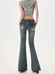 American High Street Spicy Girls Low Waist Jeans Women Autumn Vintage Y2k Design Sense Slim Fit Straight Tube Micro Flare Pants voguable