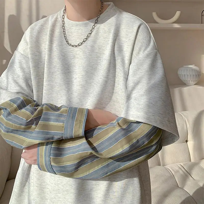 Voguable  plus Size Men's Striped Crew Neck Sweatshirt - M-XXXXXL Oversized Fit Fake Two-Piece Trendy Layered Look Long Sleeve Clothing voguable