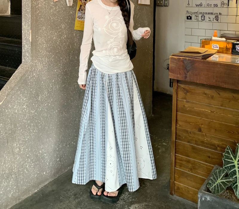 Sweet Lace Patchwork Long Skirts Women Korean Loose High Waist Skirt Casual Design Striped Plaid Elegant Female Skirts New voguable