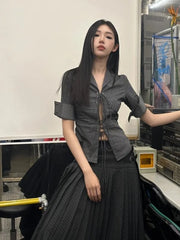 HOUZHOU Vintage Sexy Coquette Blouses Women Korean Style Punk Streetwear Striped Print Bandage Hollow Out Slim Shirts 2024 Y2k voguable