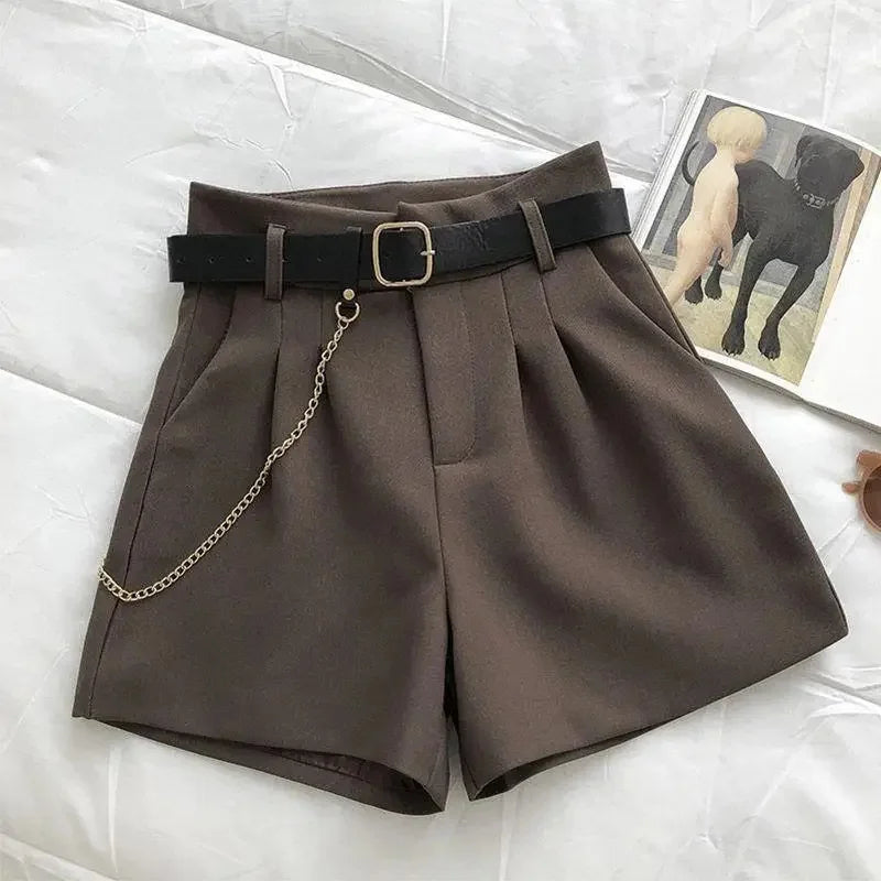 Korean with Belt Women Suit Shorts Y2K Summer High Waist Solid Color A Line Shorts Loose Streetwear All Match Wide Leg Pants voguable