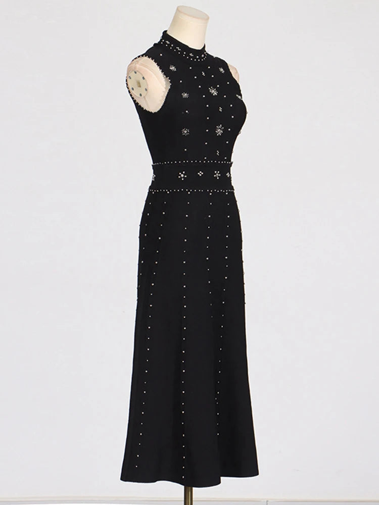 Solid Beaded Diamond Spliced Long Dresses For Women Round Neck High Waist Elegant Dress Female Summer 2025 New voguable