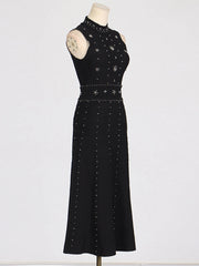 Solid Beaded Diamond Spliced Long Dresses For Women Round Neck High Waist Elegant Dress Female Summer 2025 New voguable