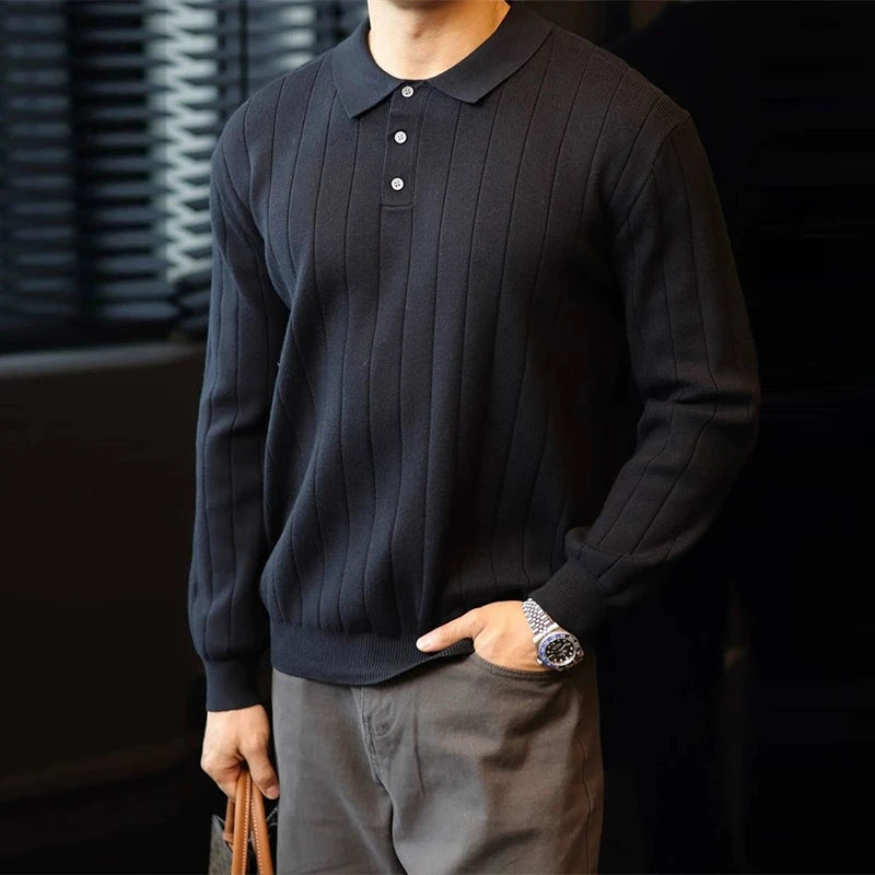 New Japanese Business Men Polo Sweater Light Luxury Knit Slim-fit Long Sleeve Pullover Premium Solid Color Basic Knitwear M-3XL voguable