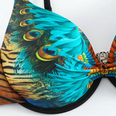 Voguable  Green Peacock Print 2-piece Bikini for Women,Summer New,rhinestone Low Waist Thong Swimsuit,underwire V-neck Bathing Suit voguable