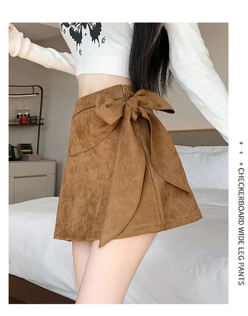 Sexy Slim Faux Suede Skirt Women High Waist Streetwear Vintage Bow Mini Skirts Fall Winter Casual American A Line Skirt New voguable