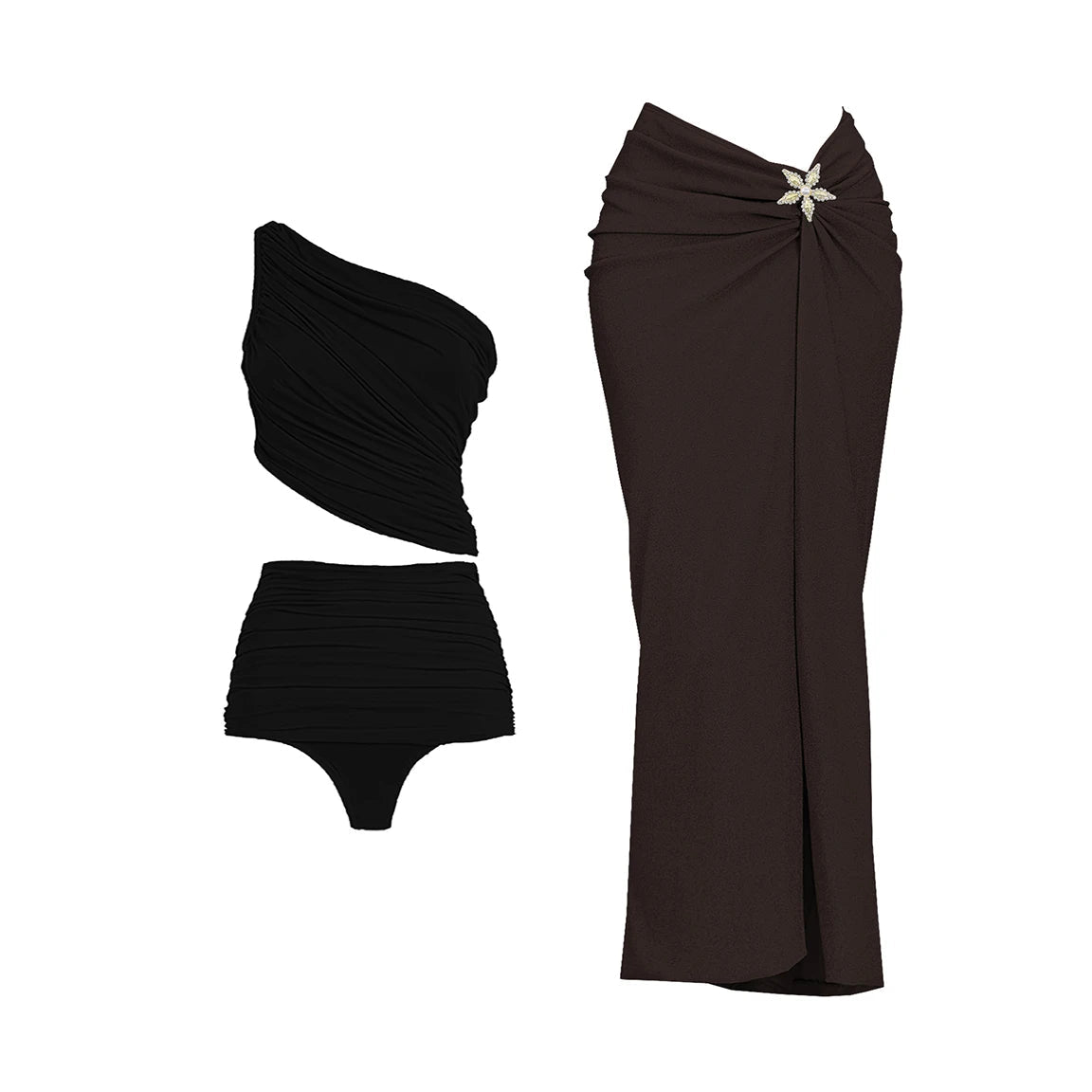 3Pcs One Shoulder Swimsuit Sexy Women Bikini With Long Skirt Shiny Star Swimwear Push Up Biquini Female Bathingsuit Beachwear voguable