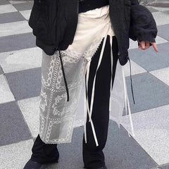 Korean Style Lace Skirts White Y2k 2000s Women Tulle Vintage Harajuku Mesh Overlay Long Skirt Lace Up Retro Streetwear voguable