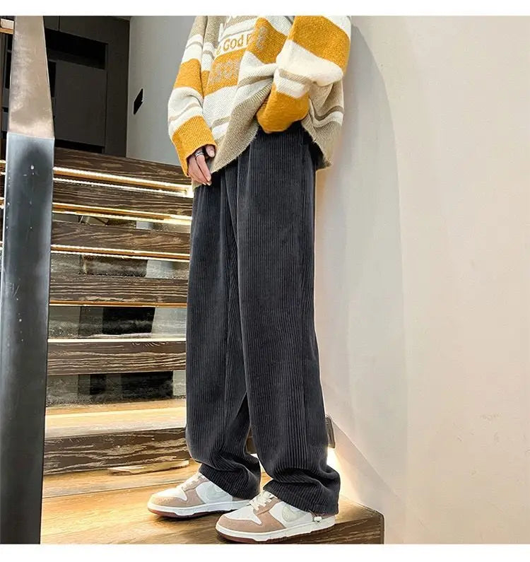Autumn Corduroy Straight Trousers Men Loose Solid Casual Drape Trousers Harajuku Fashion Drawstring Street Wide Leg Sweatpant voguable
