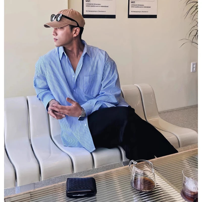 Voguable Men's Blue Vertical Striped Long-Sleeved Shirt, Korean Style High Quality Casual  Shirt Coat voguable
