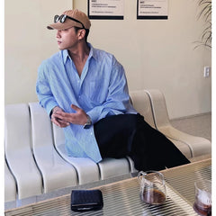 Voguable Men's Blue Vertical Striped Long-Sleeved Shirt, Korean Style High Quality Casual  Shirt Coat voguable
