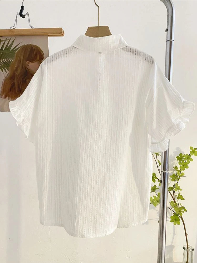 Fashion Casual White Shirt Women Sweet Flare Sleeve Cute Blouse Loose Preppy Style Female Summer Chic Simple All Match Tops voguable