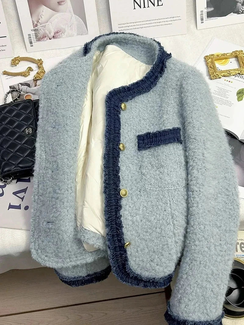 Sweet Thick Warm Tweed Jacket Women O Neck Long Sleeve Winter Cotton Coat Elegant Fashion Patchwork Korean Chic Outwear Top voguable