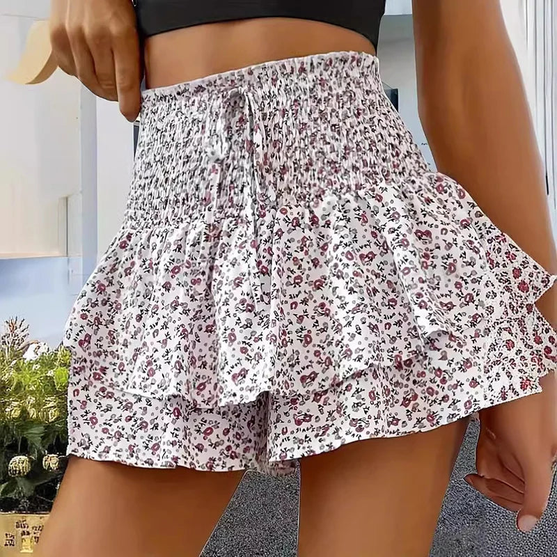Voguable  Fashion Florals Mini Skirt for Women Summer Casual Waist Shaping Ruffled Hem Short Skirt Woman Drawstring Wide Leg Half Skirts voguable