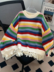 Sweet Rainbow Tassel Sweaters Women Vintage Cute Loose Long Sleeve Knitted Jumper Casual Retro O Neck Lady Hollow Out Pullovers voguable