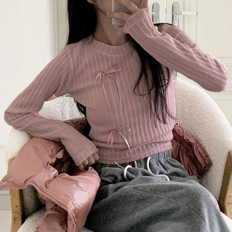 Voguable Sweet Multi Bows Knitted Top Pink White Casual Basics Slim-fit Tops Autumn Spring Korean Style Kawaii Knitwear Autumn voguable