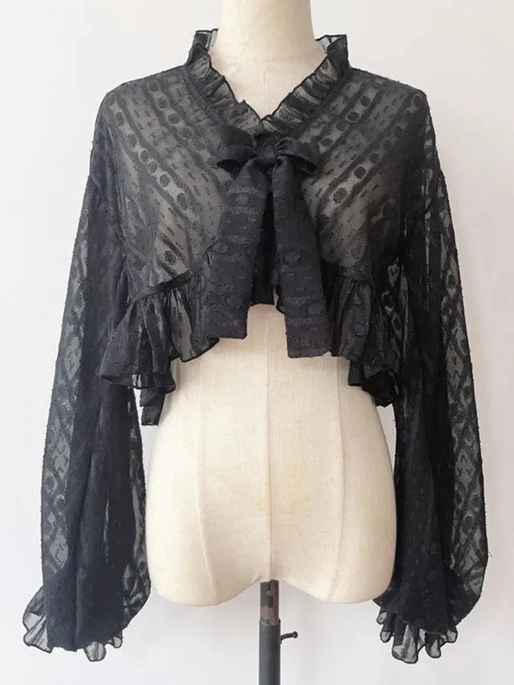 Lolita Sweet Sun Proof Shirt Women Cute Bow Lantern Sleeve Cropped Blouse Japan Kawaii Casual Elegant Jk Open Stitch Tops voguable
