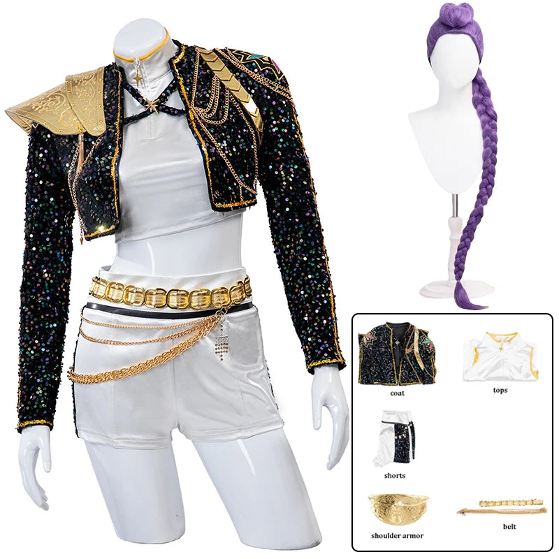KPop Rumi Cosplay Costume Wig Shoes Black Coat Singing Suit Song-Promotion Costume Women Halloween Party Role Playing Outfit voguable
