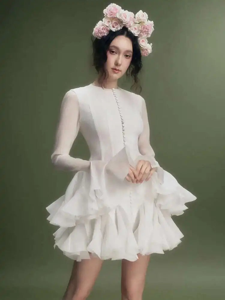 French Niche Women's Dress O Neck Button Flare Long Sleeve Spliced Ruffles Hem Solid Elegant Mini Dress 2025 New voguable