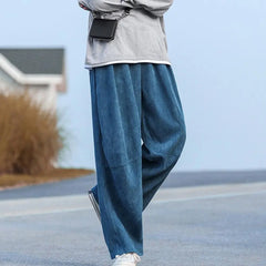 Autumn Men Pants Solid Color Wide Leg Elastic Waist Loose Straight Corduroy Trousers Relaxed Fit Corduroy Pants for Jogging voguable
