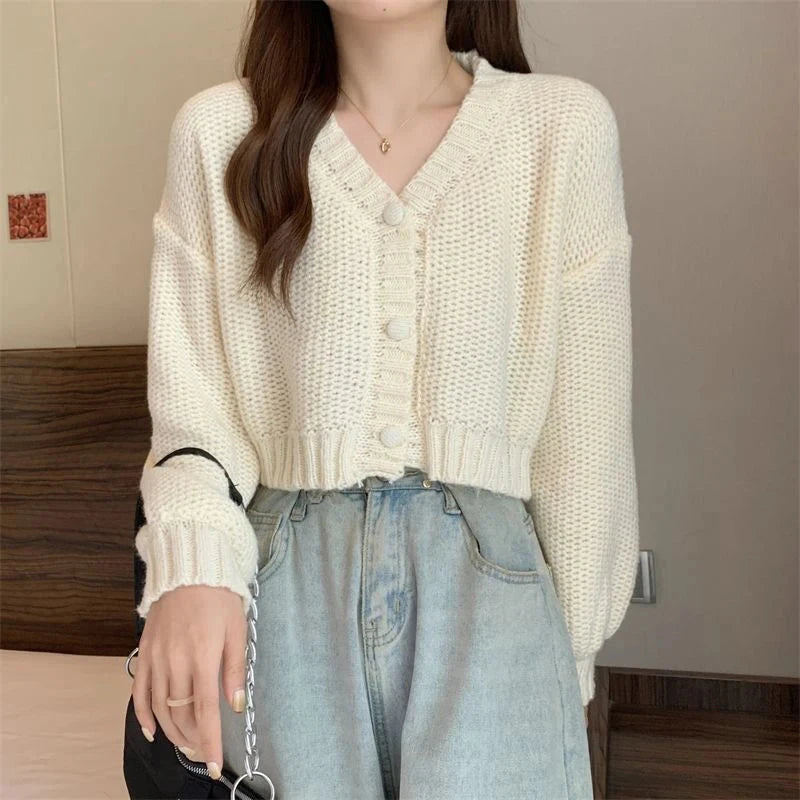Sexy Cropped Sweet Cardigan Women V Neck Vintage Slim Long Sleeve Knitted Sweaters Korean Causal Simple Solid Lady Fall Tops New voguable