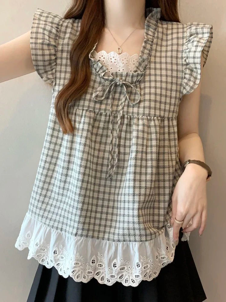 Lace Patchwork Plaid Shirt Women Casual Loose Flying Sleeve Vintage Blouse Preppy Style Sweet Korean Lady Retro Summer Tops voguable