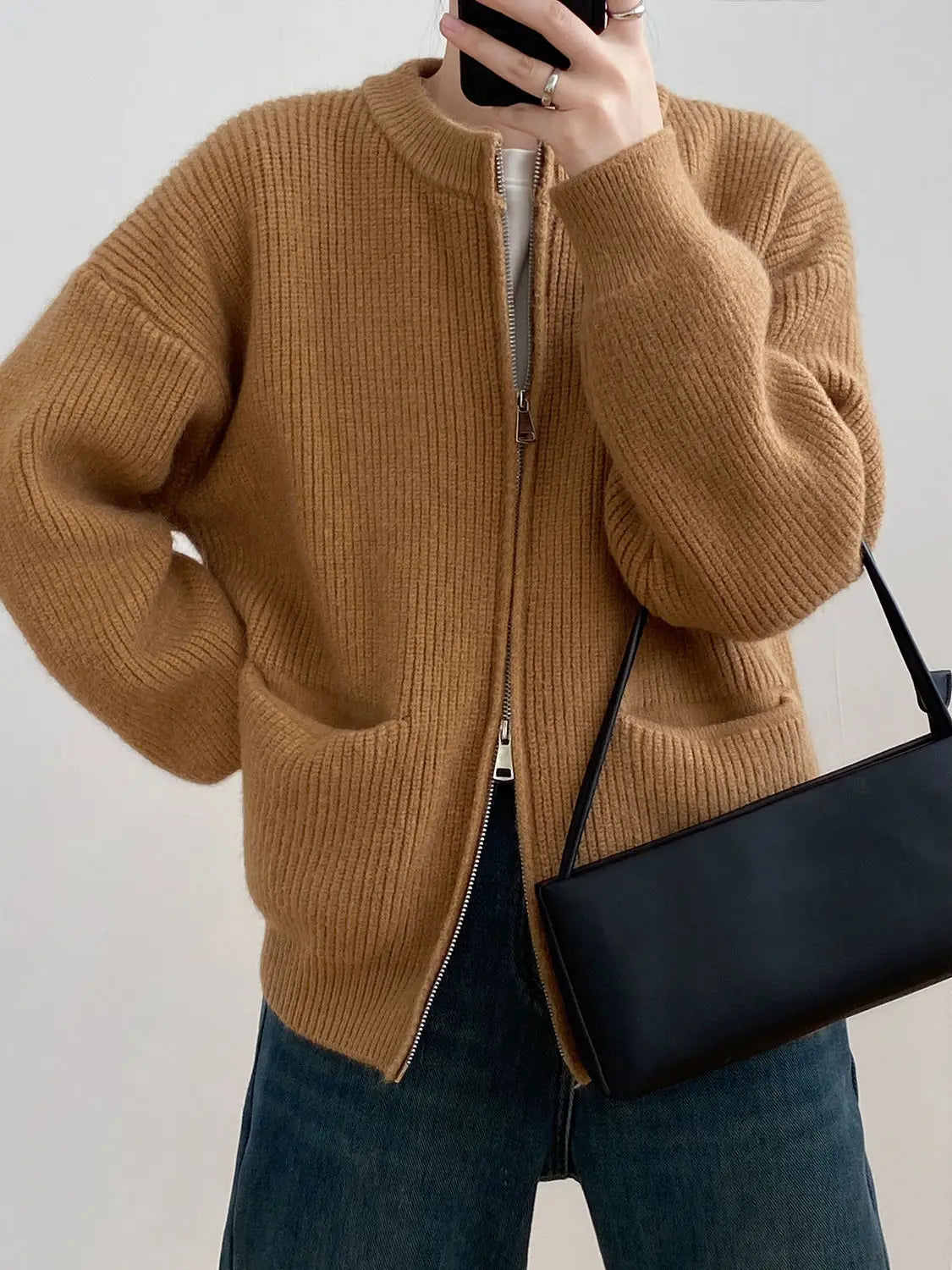 Sweater Cardigan Women Autumn Double Zipper Casual Korean Knitwear Coat Solid Color Loose Soft Long Sleeve Jackets Outerwear voguable