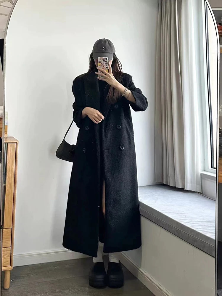 Black Faux Wool Jacket Women Winter Thick Warm Double Breasted Long Coat Y2K Female Korean Elegant Hepburn Style Blend Outerwear voguable