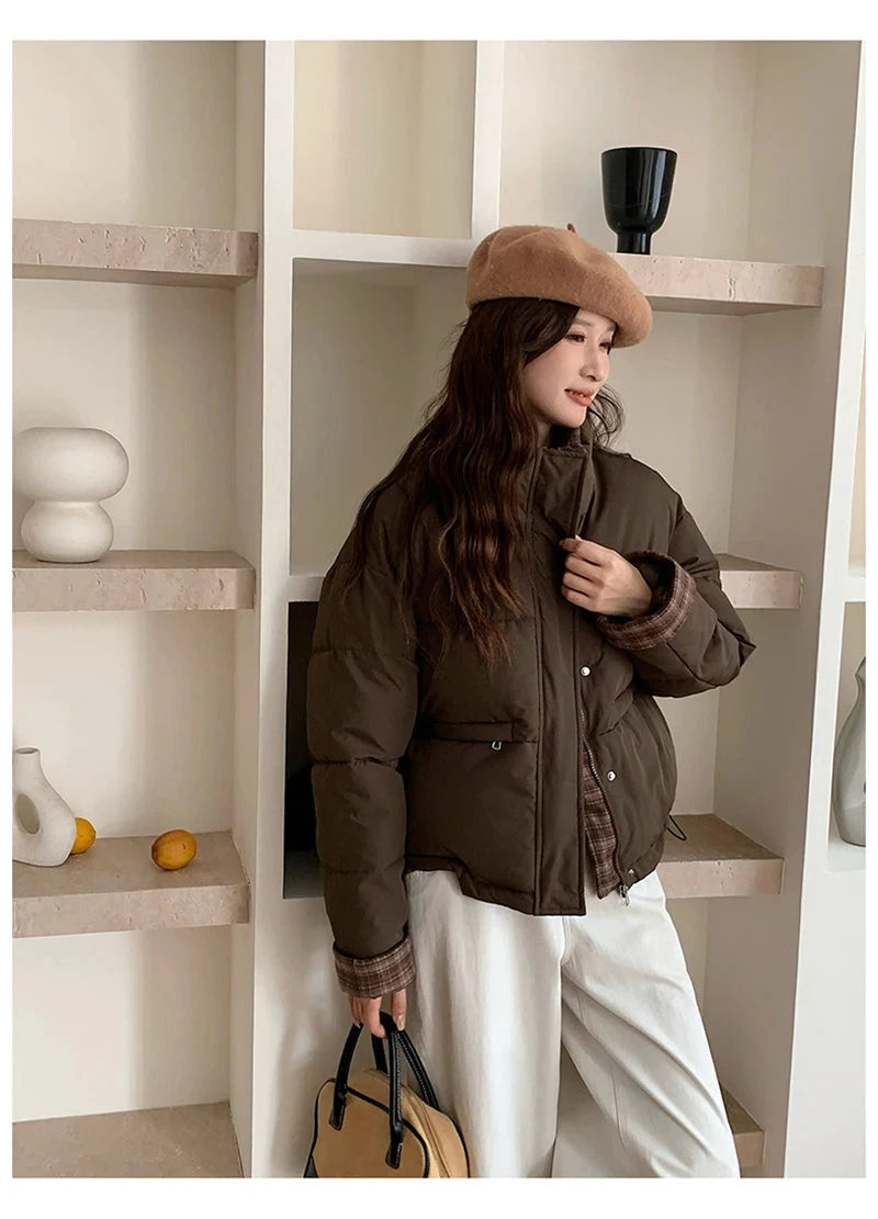 Winter Retro Puffy Parkas Women Warm Thick Plaid Patchwork Cute Coat Casual Preppy Style Korean Long Sleeve Cotton Jackets voguable