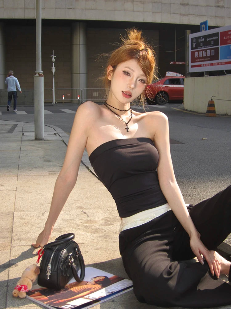 Voguable 2024 Spring New Streetwear Contrast Color Patchwork Pleated Casual Wide Leg Pants Women + Sexy Camisole Two-Piece Suit voguable