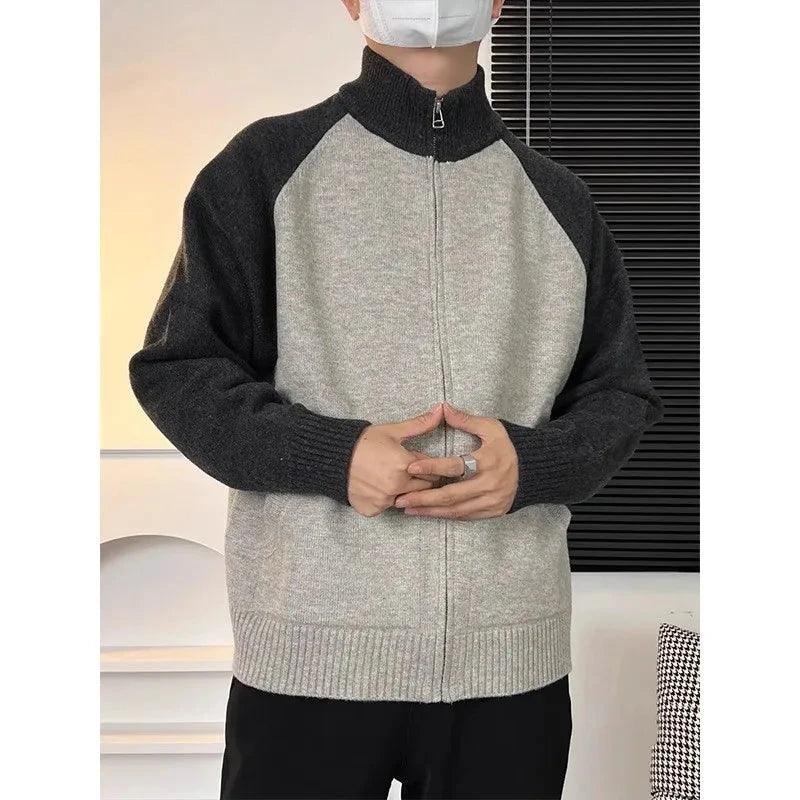 Autumn Men's Zipper Cardigan Jacket Casual Patchwork Stand Collar Long Sleeve Sweater Korean Premium Quality Knitted Outerwear voguable