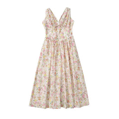 New Women Bow V Neck Floral Print Tank Summer Dress Sexy Sleeveless High Waist Elegant Holiday Party Dresses Midi Robe voguable