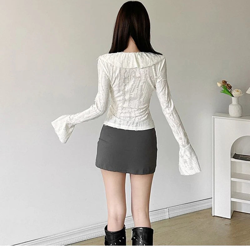 3D Floral Ruffles Y2K T Shirts Women Slim Long Sleeve Hole Gothic Tops Streetwear Harajuku Vintage Lady V Neck Design Tees voguable