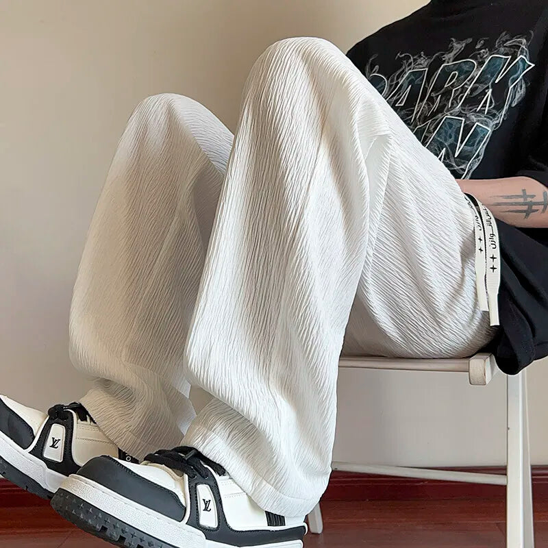 Summer Casual Pants Men Fashion White Straight Pants Men Japanese Streetwear Loose Pleated Pants Mens Black Trousers M-3XL voguable