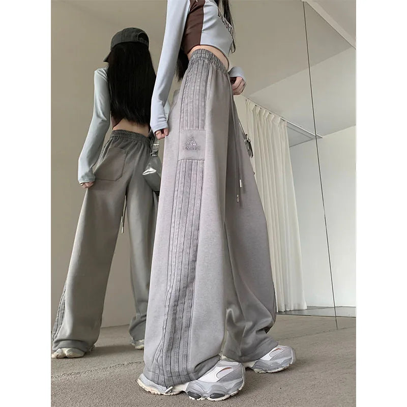 American Style Pink Striped Sports Women Spring Autumn Casual Thicken Sweatpants Loose Straight Elastic Waist Wide Leg Trousers voguable