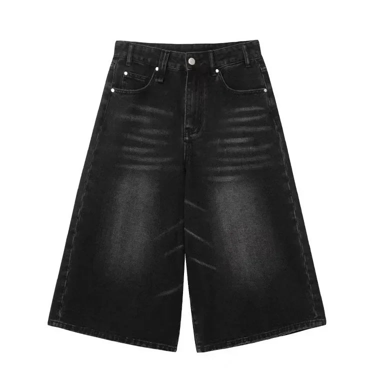 Voguable  Vintage Washed Black Denim Pants Women 2024 Summer High Waist Loose Wide Leg Y2k E-Girl Unisex A-line Calf- Length Chic voguable