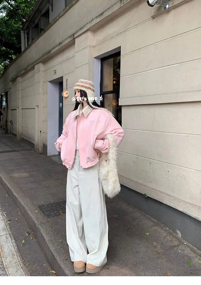 Pink Faux Suede Jacket Women Sweet Long Sleeve Vintage Streetwear Baseball Coat Fall Casual Retro American Y2K Lady Outwear voguable