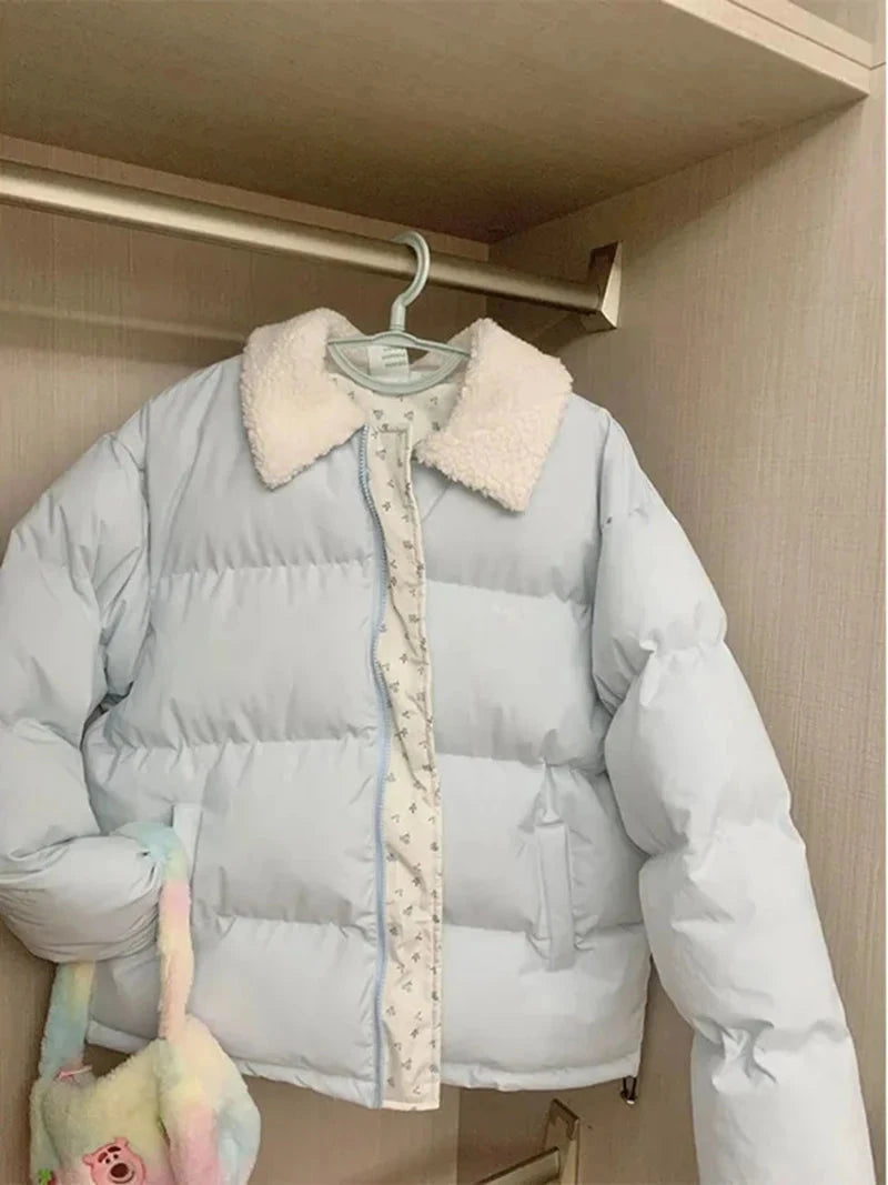 Blue Floral Patchwork Parkas Women Korean Sweet Winter Warm Puffy Coat Casual Long Sleeve Loose Preppy Style Cotton Jacket voguable