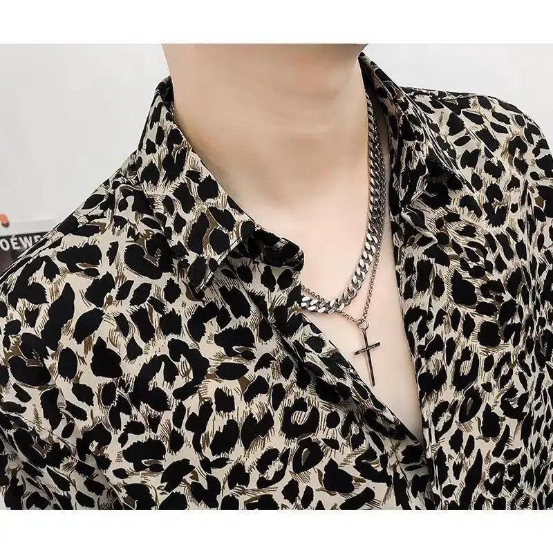 Voguable  Leopard Print Men's Loose Premium Iron-Free Fashion Vintage Long Sleeve Printed Shirt voguable