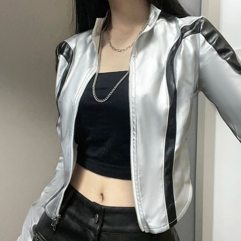 Voguable  Street Style Contrast Patchwork Zip-up Pu Leather Jackets Silver Color Turtleneck Cardigan Women Chic Elegant Coat Fall voguable