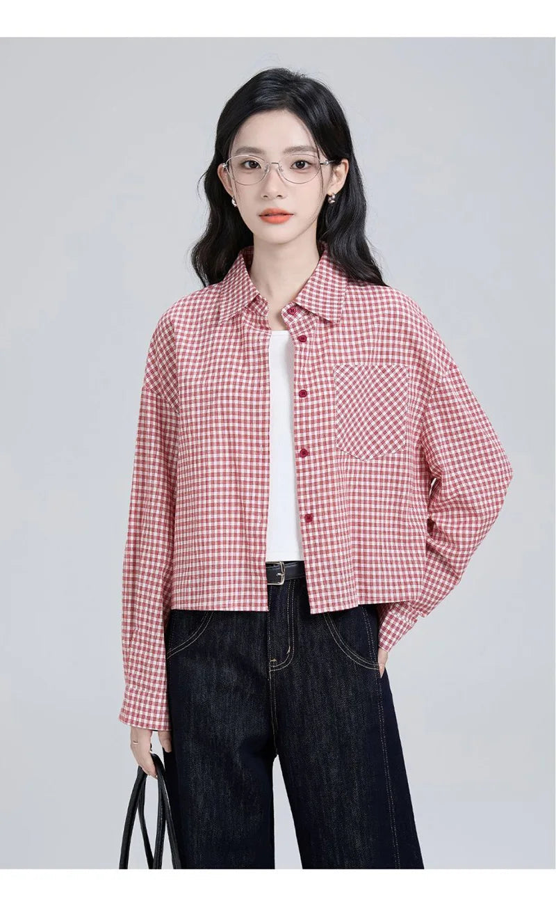 Sweet Red Plaid Shirt Women Preppy Style Vintage Long Sleeve Blouse Korean Fall Loose Female Retro Cute All Match Tops New voguable