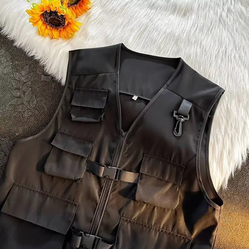 Voguable  Japanese Cargo Multi Pocket Camisole Vest Cardigan for Men's Summer Oversized Tank Top Punk Streetwear Zipper Waistcoat voguable