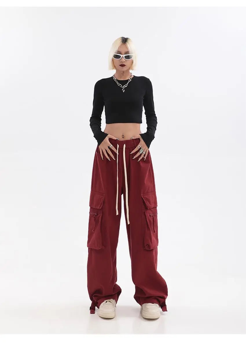 Streetwear Vintage Hip Hop Oversize Red Cargo Pants Women Drawstring Elastic Waist Loose Wide Leg Harajuku Casual Trousers 2023 voguable