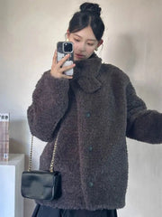 Japan Cute Faux Lamb Coat Women Loose Long Sleeve Winter Warm Retro Jacket Casual Stand Collar Preppy Style Pockets New Top voguable