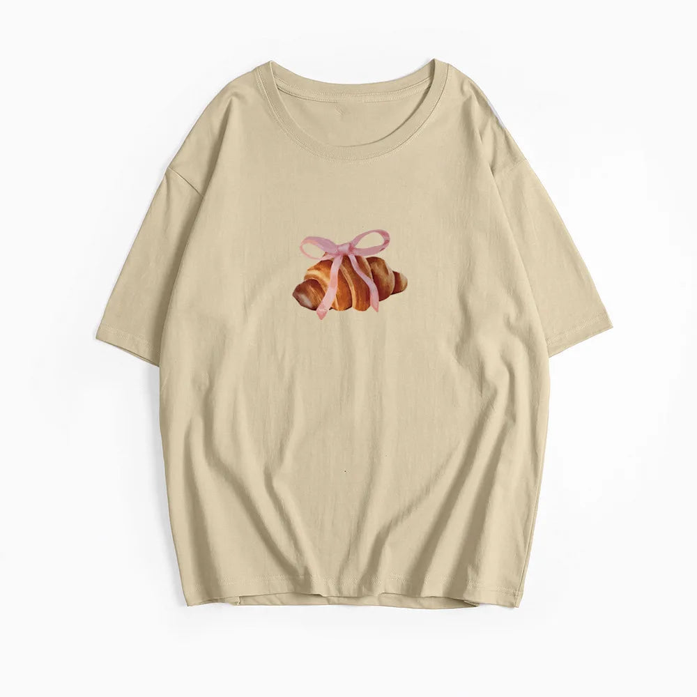 Bow And Horn Print White Summer T-shirt 2025 New Short Sleeve O-neck All-match Women Tee Top Streetwear Fashion Woman Clothing voguable